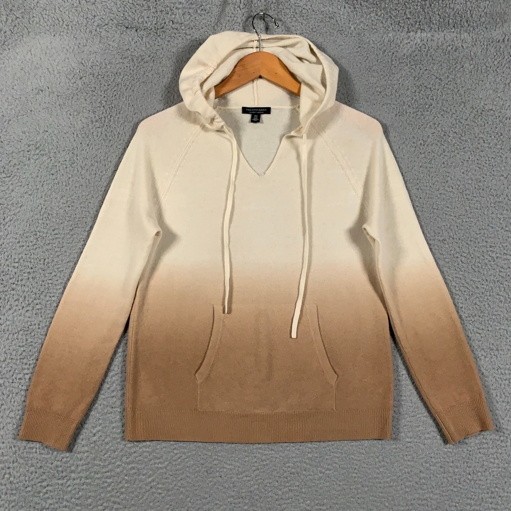 Saks Fifth Avenue Ombre Cashmere Hoodie Womens Small Tan Cream Dip Dye Sweater